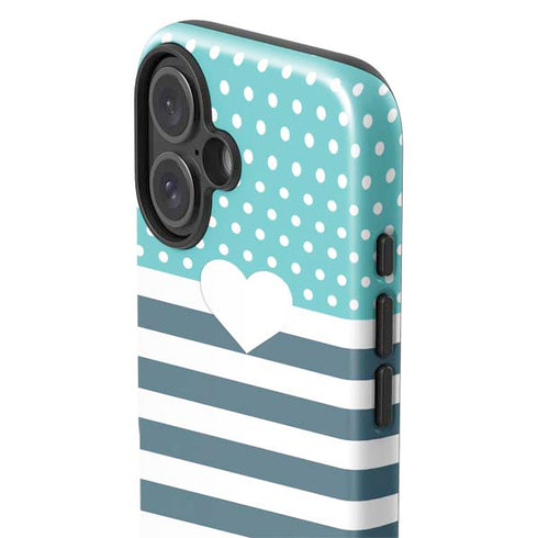 Polka Dots and Stripes Heart in Blue iPhone 16 Plus Impact Case